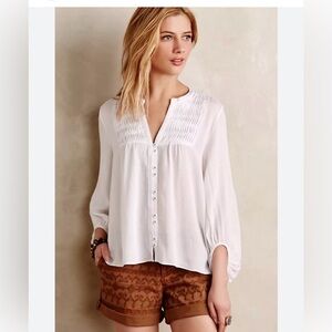 Maeve White Pintuck Peasant Button Blouse Coquette Cottagecore Boho Romantic Top